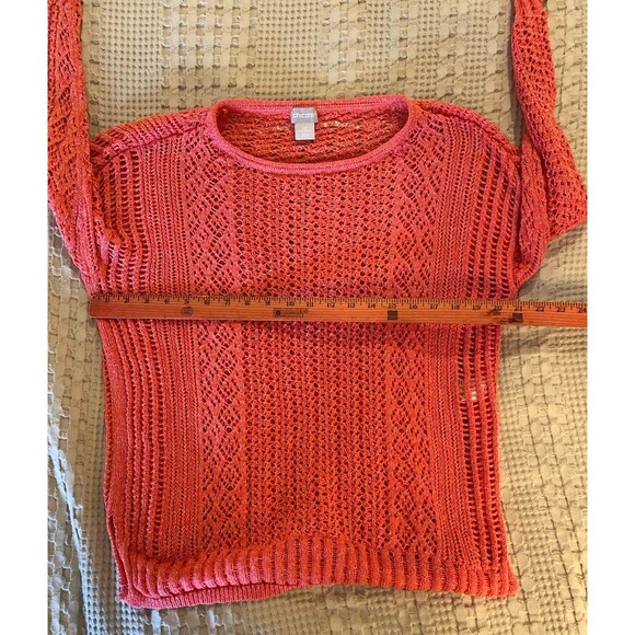 Chico’s Loose Open Weave Sweater Size Medium Orange Tangerine Round Neckline - Picture 9 of 11